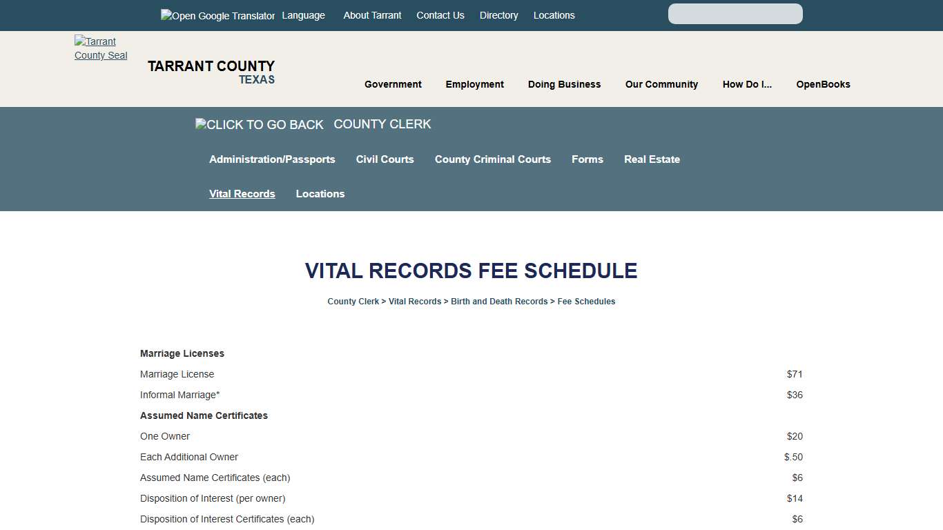Fee Schedules Birth Death
